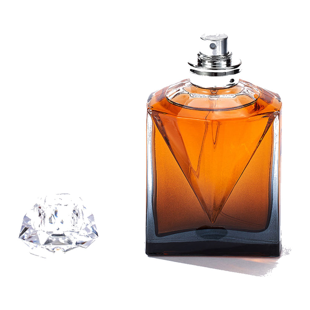 JP MODE amber glass eau de parfum bottle showing the faceted cap