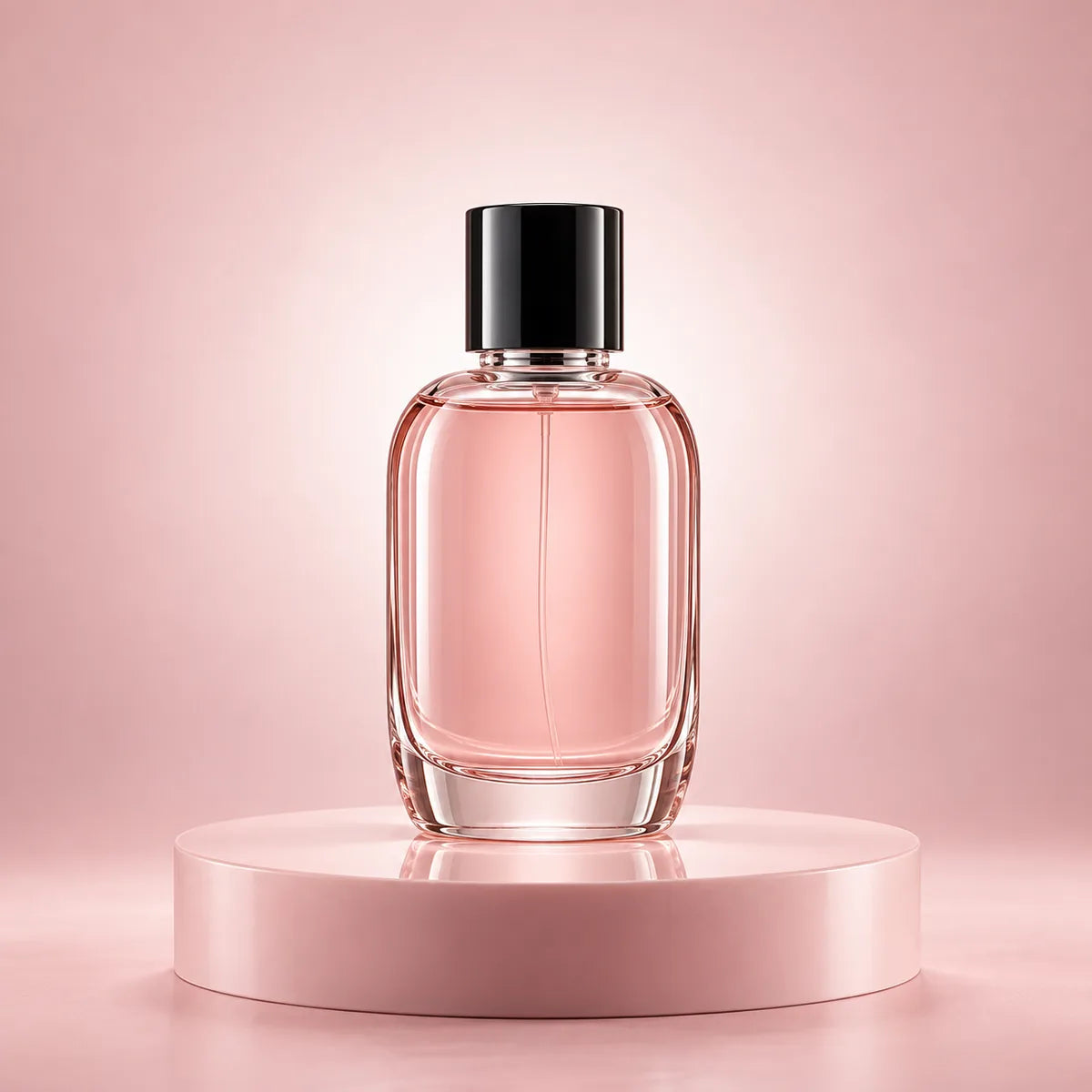 A rounded clear glass perfume bottle with pink liquid and a black cap on a pink plinth