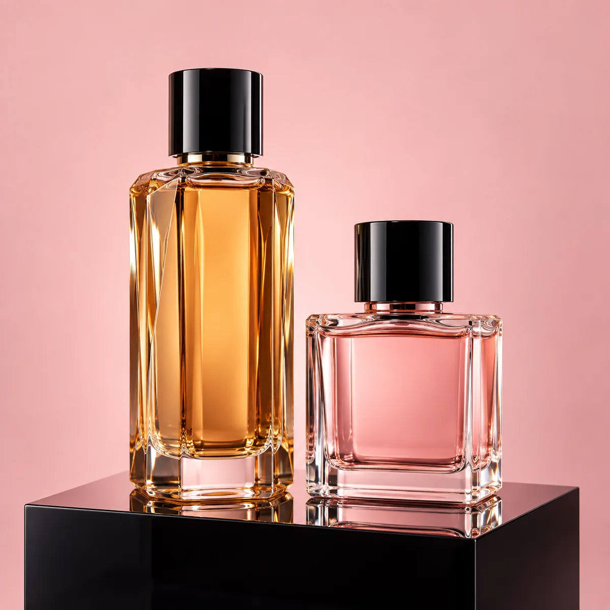 A tall amber glass and a square pink glass perfume bottle with black caps on a black block
