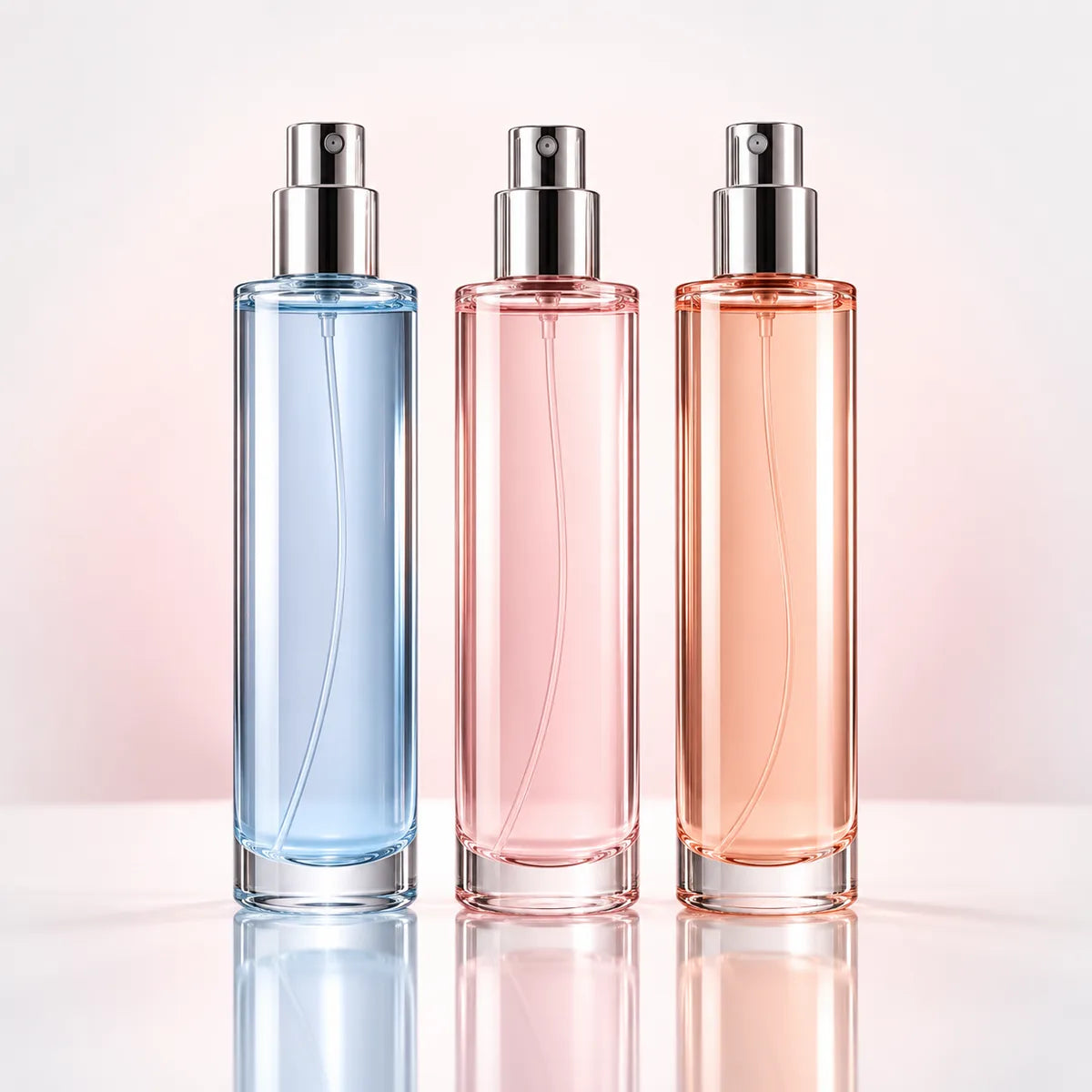 Three slim travel spray bottles in pale blue, pink and peach glass with silver spray tops