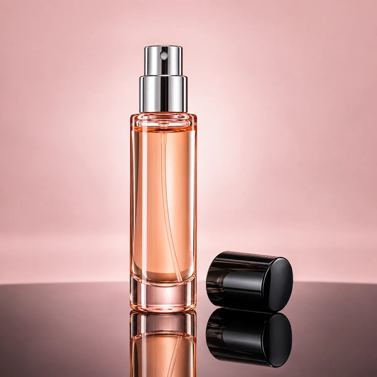A slim peach travel-size perfume bottle with its black cap lying beside it