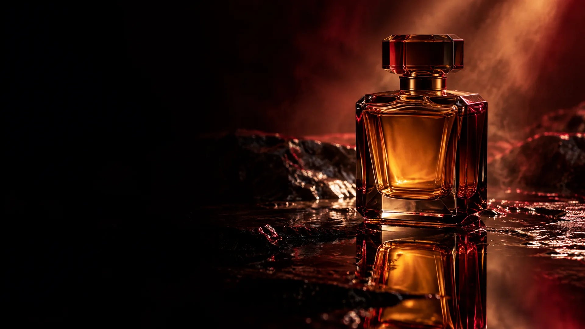 An amber glass perfume bottle standing on wet dark stone in warm red light
